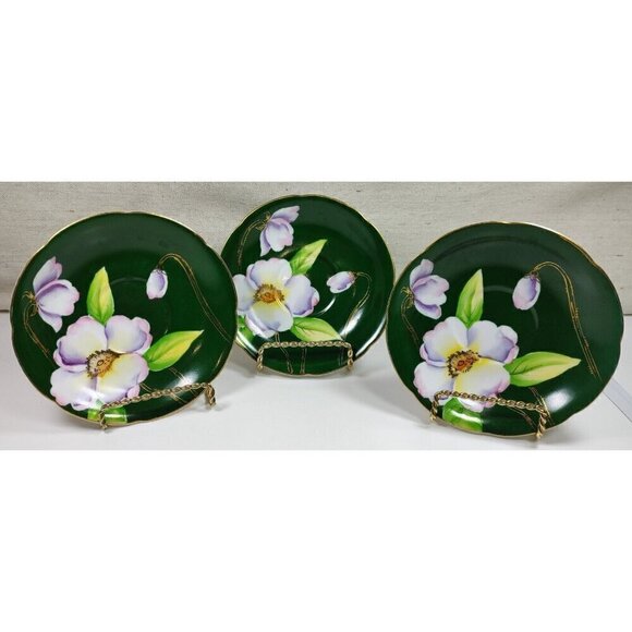 Silver China Occupied Japan Green Hand Painted Flowers Gold Trim Saucer Set Of 3 - Picture 1 of 10